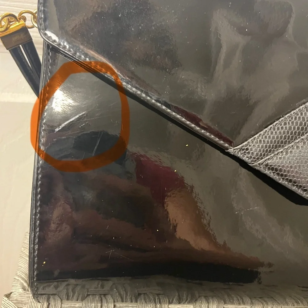 Koret Vintage Patent Leather Black Clutch Envelope Bag Strap Pockets Snap Close